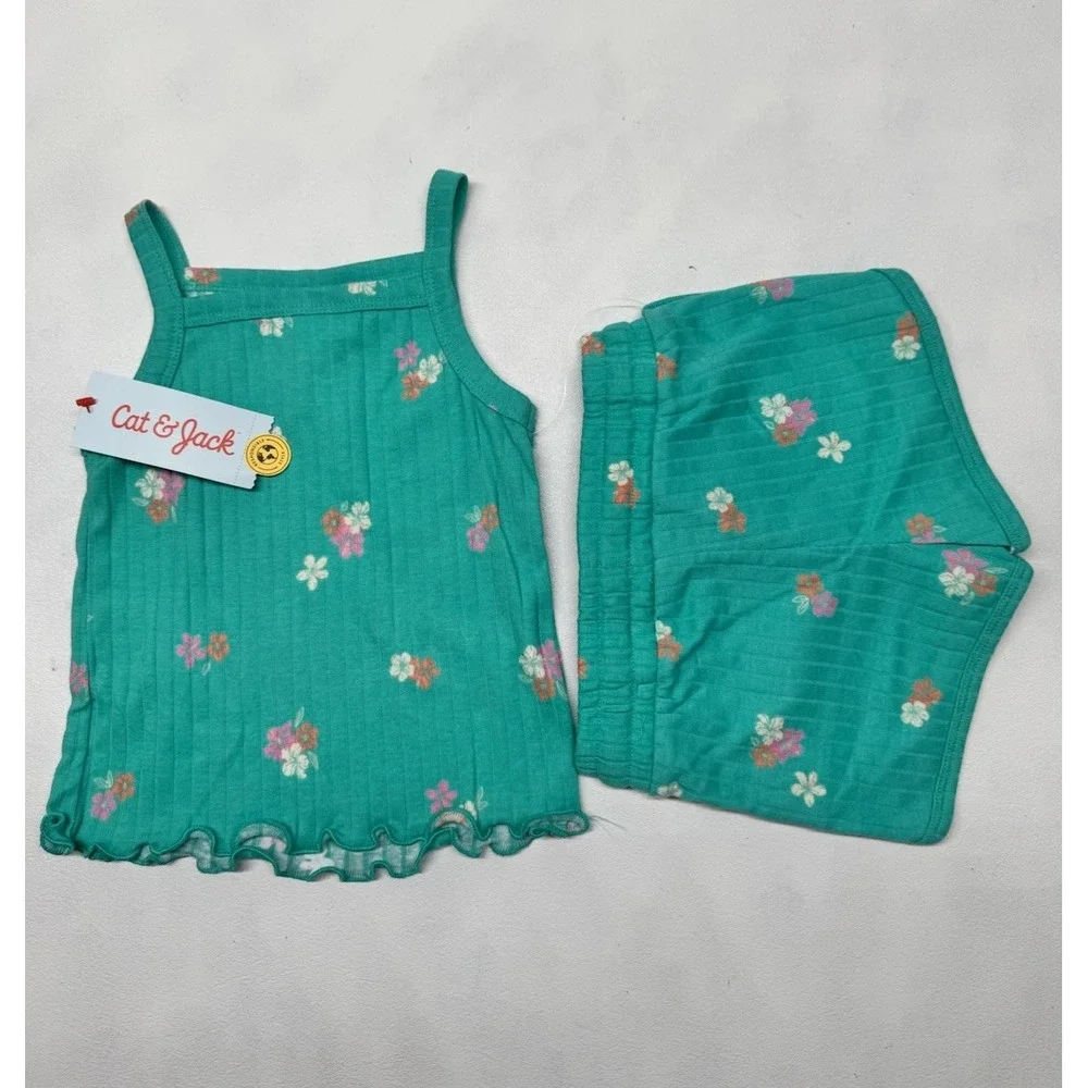 Cat & Jack Girls 2Pc Floral Tank Top‎ & Shorts Teal Ribbed Summer Set